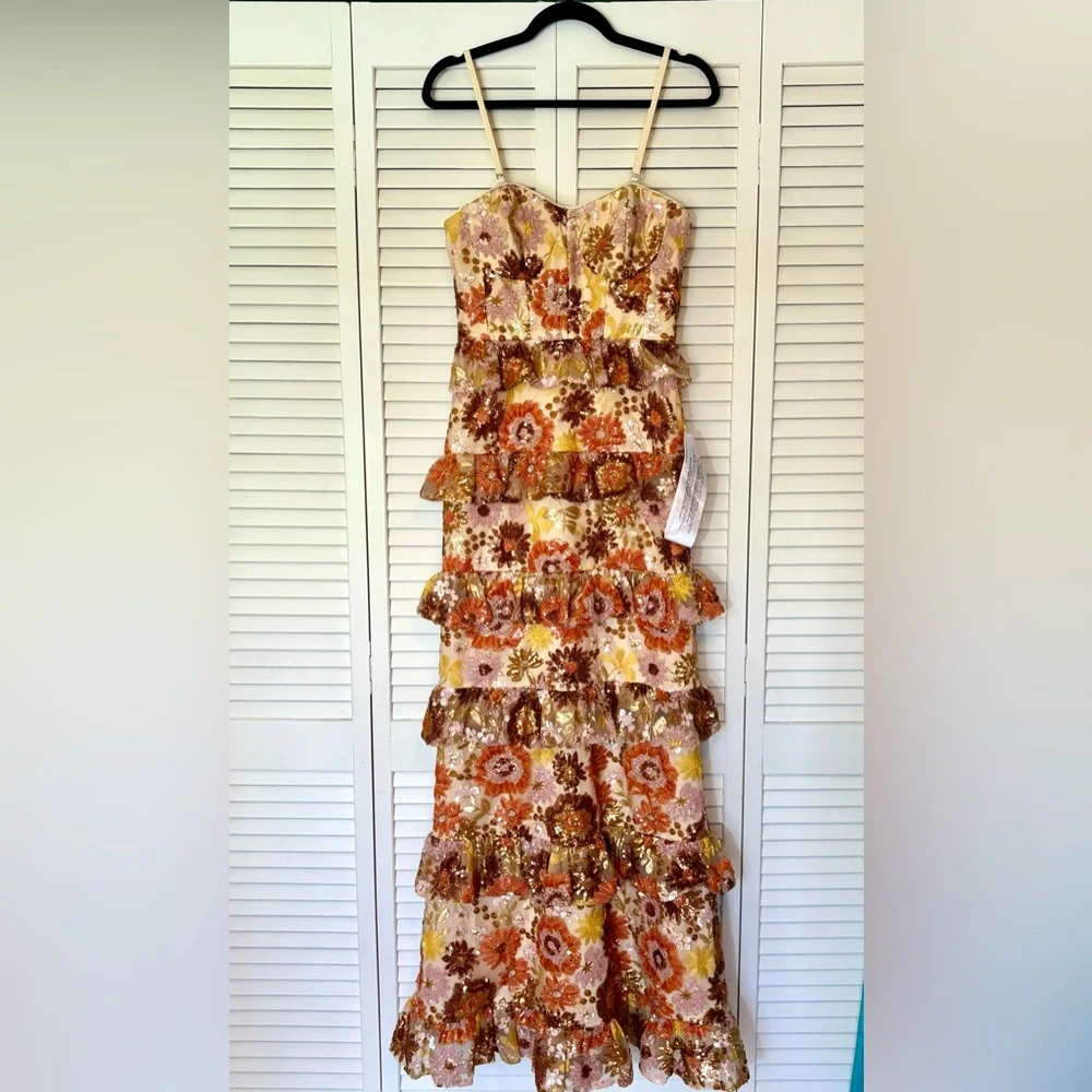 New Dress The Population Siriana Sequin Ruffle Gown Medium & Small - Picture 4 of 12